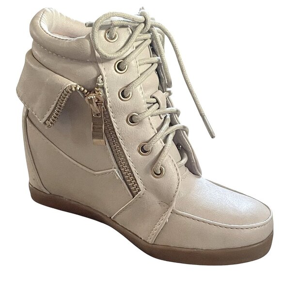 Lucky Top Kids Girls Leatherette Lace-Up High Top Hidden Wedge Beige Sneakers - Picture 8 of 8